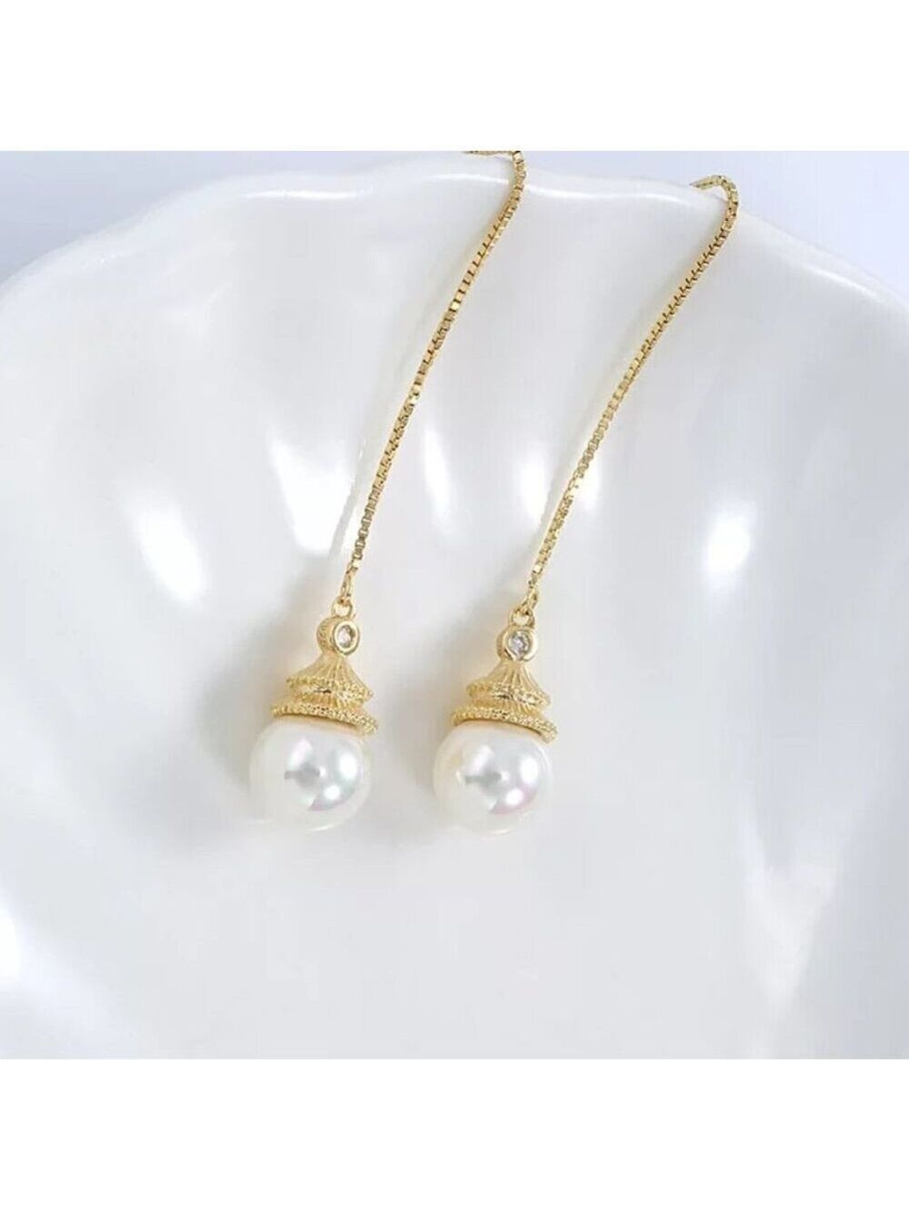 Cultured 7.75mm Pearl Earrings dangling from a 3.5 inch chain 18KY Plated - Picture 4 of 7
